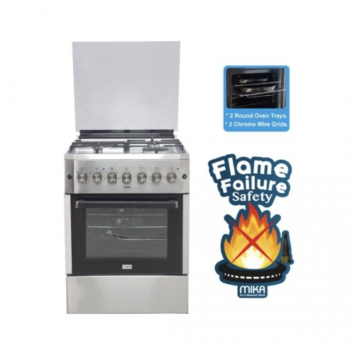 MIKA Standing Cooker, 60cm X 60cm, 4 Gas With WOK Burner, Electric Oven, Half Inox MST624HI/TS6W