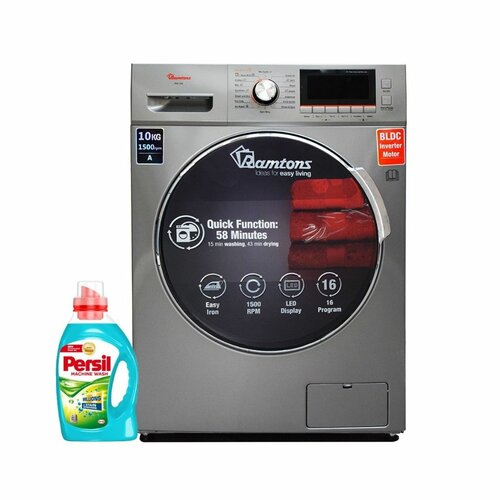 RAMTONS FRONT LOAD FULLY AUTOMATIC 10KG WASHER, 6KG DRYER, SILVER + FREE PERSIL GEL- RW/160