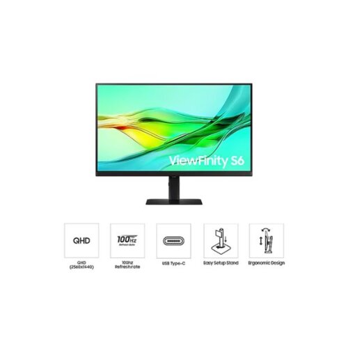 Samsung 27" ViewFinity S6 QHD Monitor, USB-C 90W Charging, IPS Display, Height Adjustable Stand – S60UD