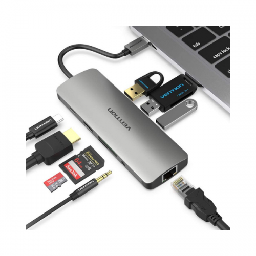 VENTION TYPE C TO MULTI-FUNCTION 9 IN 1 DOCKING STATION TYPE C TO USB 3.0 (3 PORTS) + GIGABIT EITHERNET + HDMI + SD & TF CARD READER + 3.5MM AUDIO + TYPE C PD By Hubs/Cables