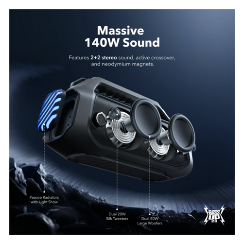 Anker Boom 2 Plus Waterproof Bluetooth Speaker, 140W Power, 24H Playtime, BassUp™ 2.0 – Perfect For Outdoor Adventures