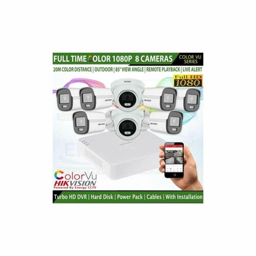 Hikvision 8 Channel HD 2MP Colored Day & Night CCTV Cameras Full Kit-(With 1TB HDD +100M Cable + 8 Channel DVR + Record Audio)