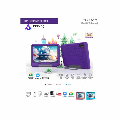 Discover K100 10 Inch 256GB 6GB RAM Android Kids Android Tablet Dual Sim 5G Wi-Fi By Discover