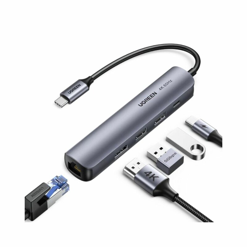 UGREEN USB-C Multifunction Adapter 5 In 1 (CM418) - USB-C To 2*USB 3.0 + HDMI + RJ45 Ethernet Adapter + PD by Hubs/Cables