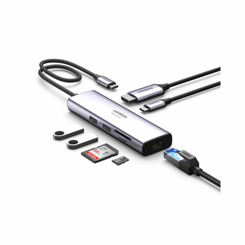 UGREEN USB-C Multifunction Adapter 7 In 1 -CM512USB-C To USB 3.0 (2 Ports) + HDMI + Gigabit Ethernet + SD & TF Card Reader + USB-C PD by Hubs/Cables
