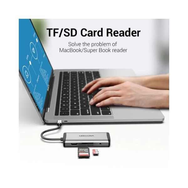 VENTION TYPE C TO MULTI-FUNCTION 9 IN 1 DOCKING STATION TYPE C TO USB 3.0 (3 PORTS) + GIGABIT EITHERNET + HDMI + SD & TF CARD READER + 3.5MM AUDIO + TYPE C PD by Hubs/Cables — view 2
