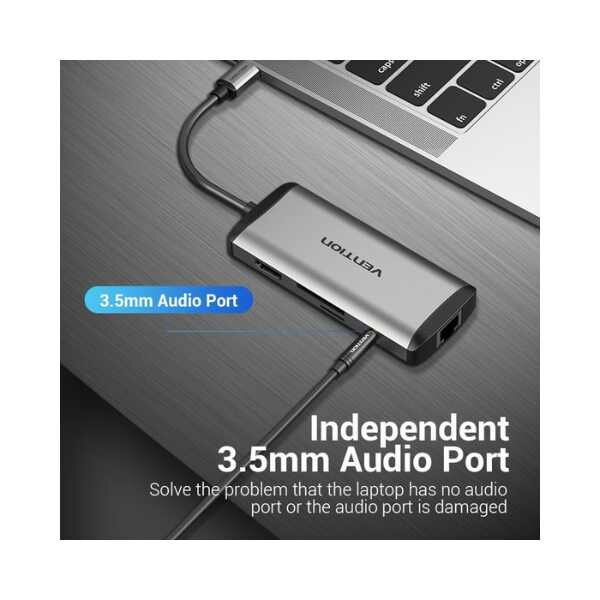 VENTION TYPE C TO MULTI-FUNCTION 9 IN 1 DOCKING STATION TYPE C TO USB 3.0 (3 PORTS) + GIGABIT EITHERNET + HDMI + SD & TF CARD READER + 3.5MM AUDIO + TYPE C PD by Hubs/Cables — view 4